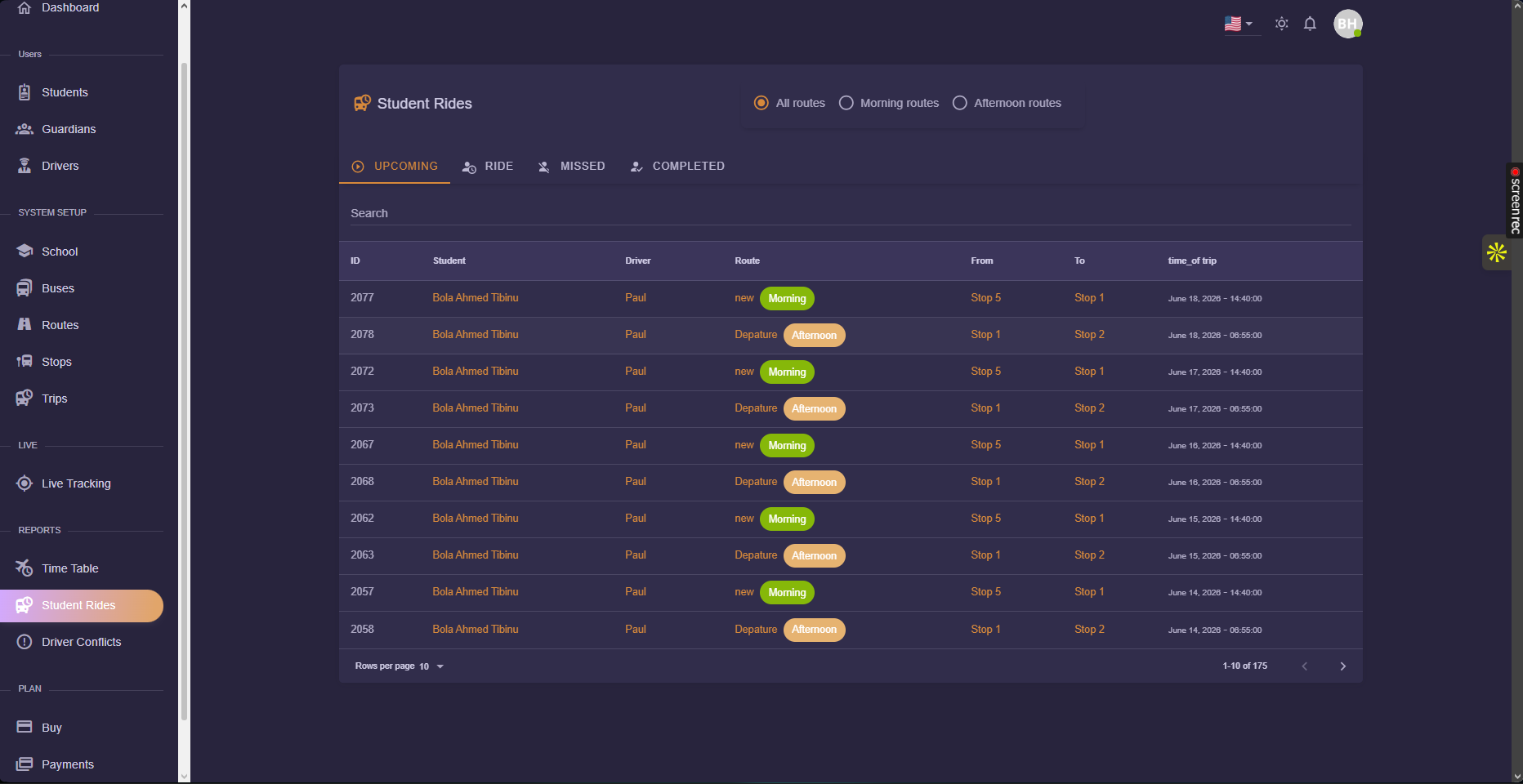 RouteEd school admin dashboard showing student rides